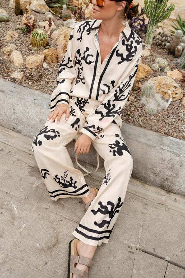 From Desk To Dinner Satin Unique Print Button Down Oversized Blouse