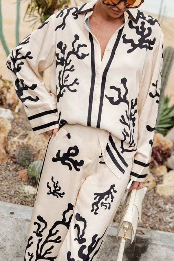 From Desk To Dinner Satin Unique Print Button Down Oversized Blouse