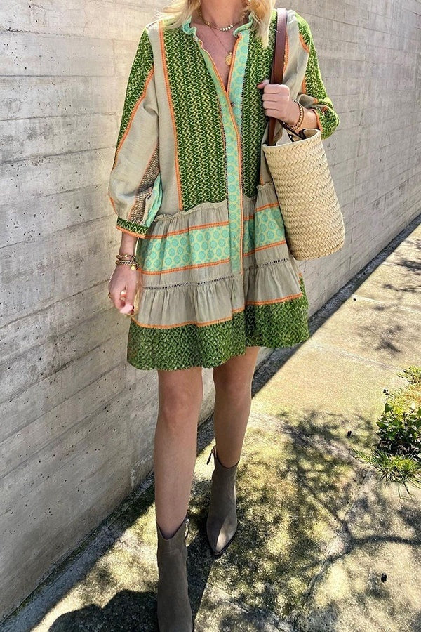 Look My Vacation Style Ethnic Print Button Loose Mini Dress