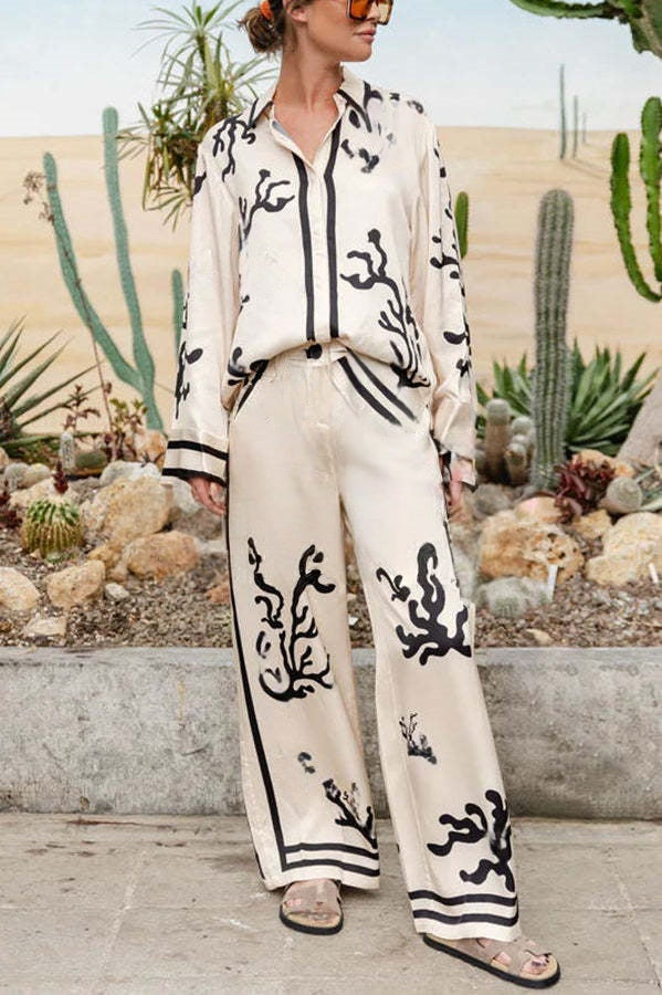 From Desk To Dinner Satin Unique Print Button Down Oversized Blouse